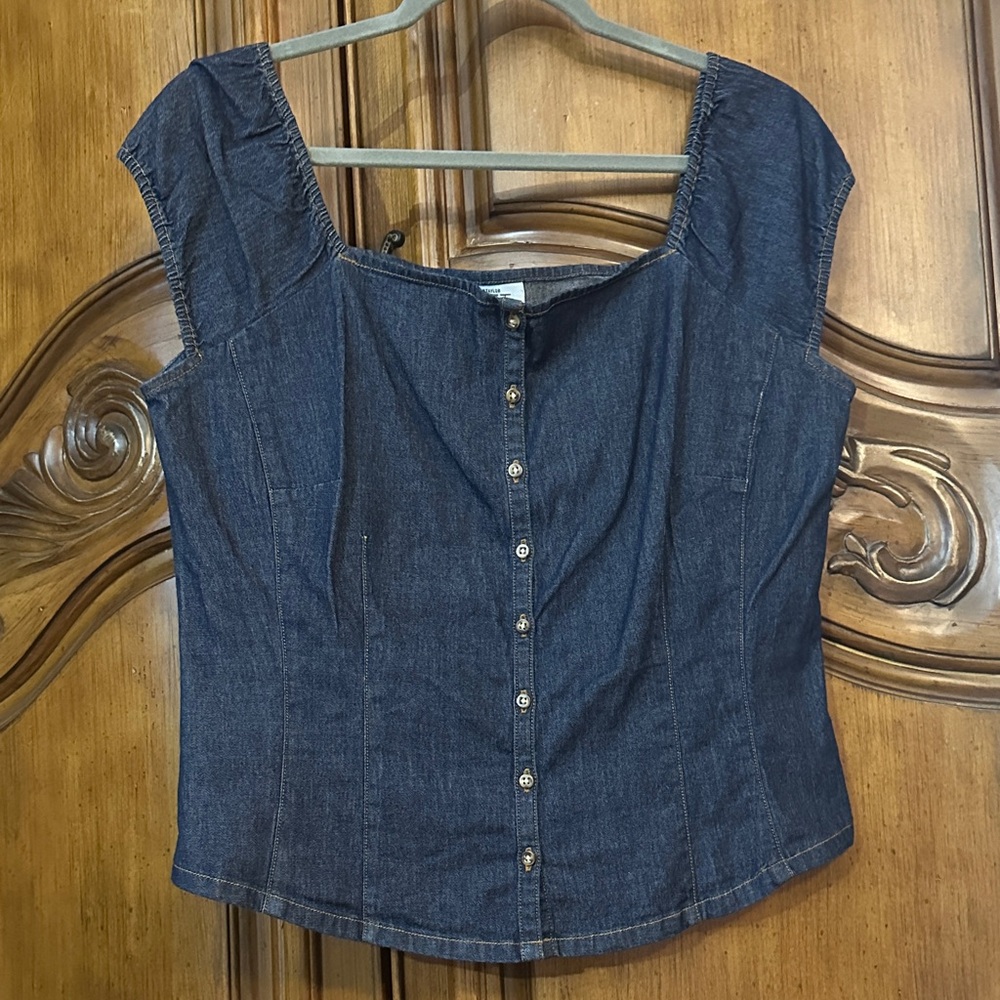 LOFT Like NEW Dark Blue Denim Corset Style Button Up Blouse Size 10